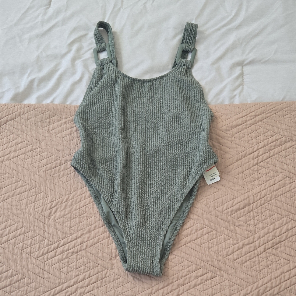 NWT Aerie Sage Green Olive Women Swim One Piece Texture Cheekiest